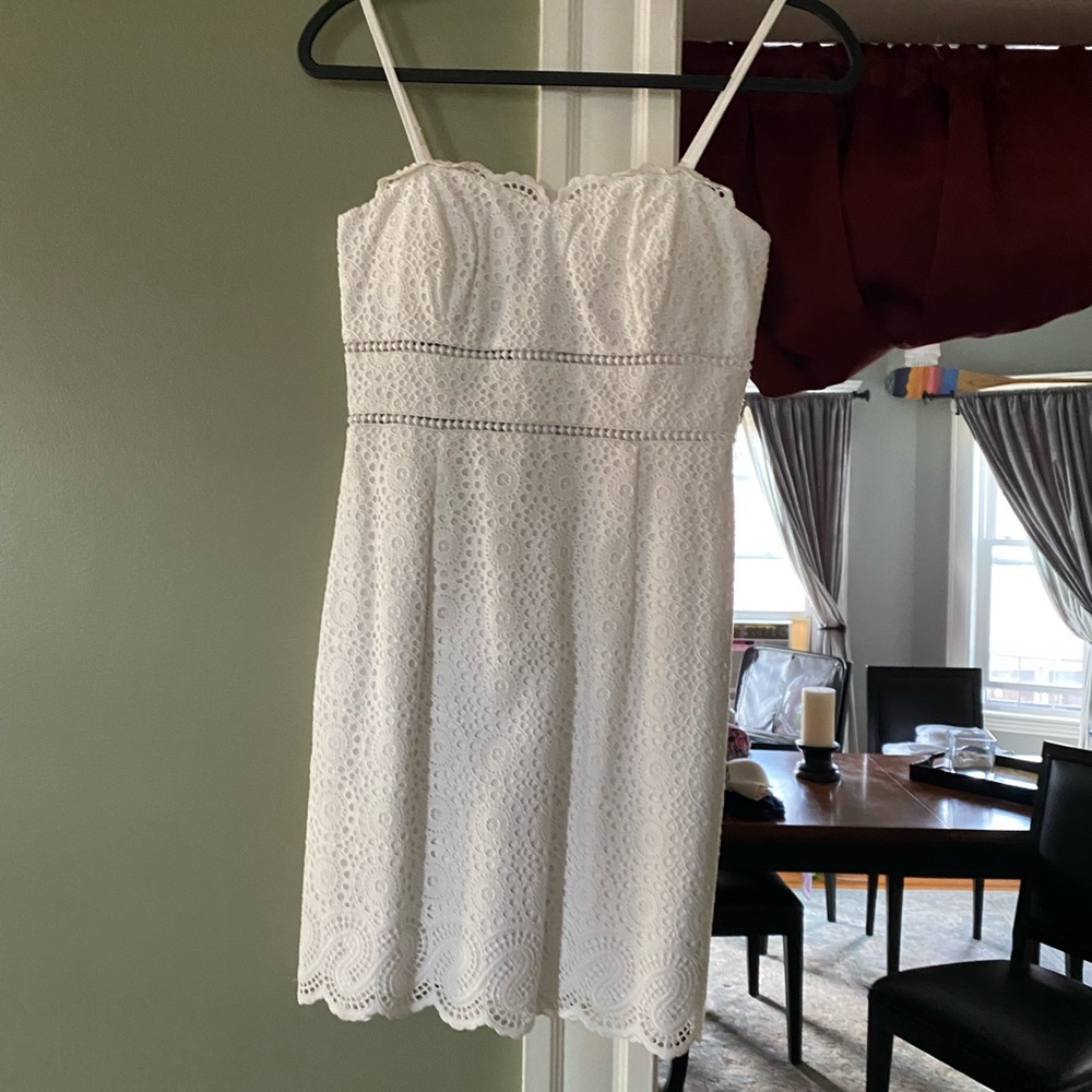 Lilly white eyelet dress -scallop bottom, fully lined, adjustable straps-